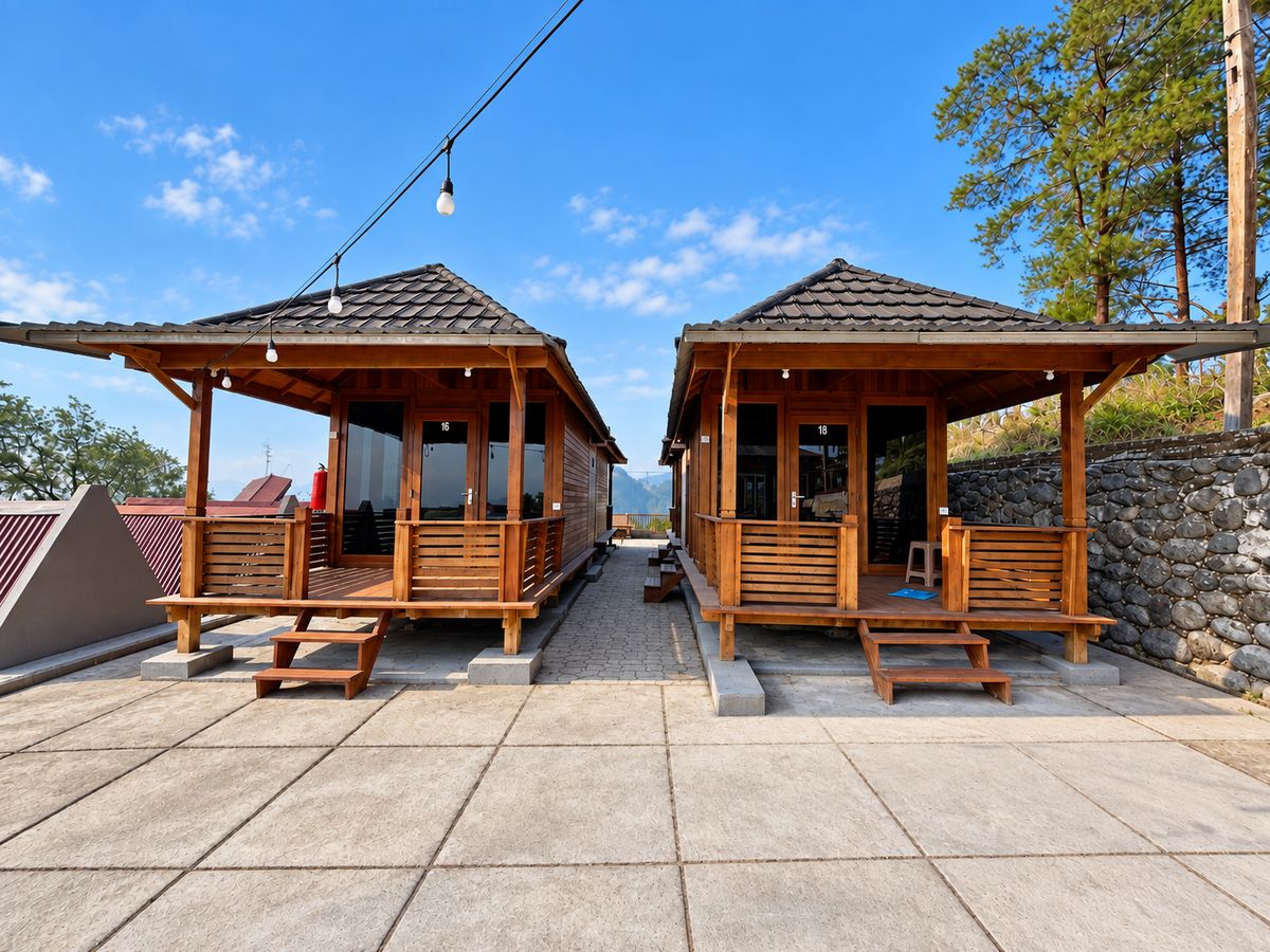 Two wooden Villa Gazebo cabins with private terraces at D'Pines Peak Villa Malino